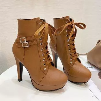 Ботильоны на тонком каблуке, современные, весна/осень, женская обувь на шнуровке, распродажа 2024 года, брендовые женские ботинки с высоким каблуком и круглым носком 35 бежевый