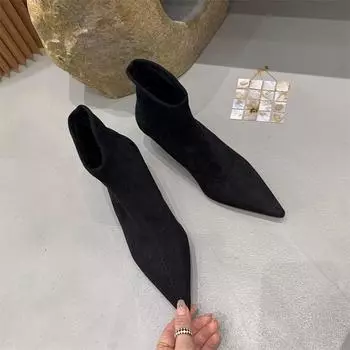 ! Ботильоны на тонком каблуке Винтажная коричневая замша Остроносые Женские ботинки Мартина Каблук-рюмочка Эластичные узкие ботильоны 35