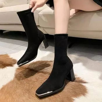 Ботильоны на высоком каблуке для женщин, черные, с квадратным носком, весна-осень, одинарные сапоги, сексуальные, с толстым каблуком, эластичные, короткие, с чулками 35 чёрный
