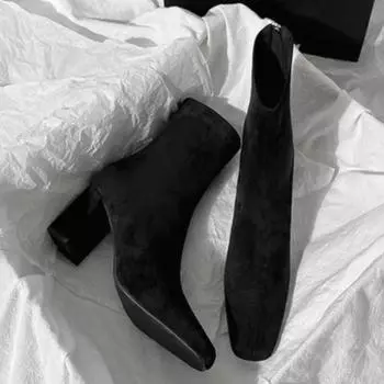 Ботильоны на высоком каблуке для женщин, замшевые туфли с толстым квадратным носком, женская мода 2024 года, зимние новые готические туфли на молнии, зимние туфли Челси, Botas Mujer 36 чёрный