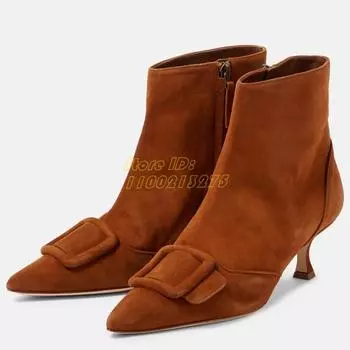 Ботильоны на высоком каблуке с пряжкой-ремешком, замшевые, на молнии, коричневые, черные, серые, модные 2025, сексуальные, с острым носком, на шпильках 34 чёрный