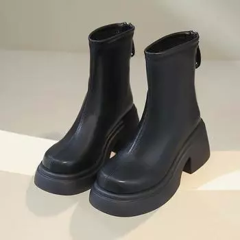 Ботильоны на высоком каблуке с застежкой-молнией сзади, женские, из искусственной кожи, с квадратным каблуком, мотоциклетные ботинки, женские, осенние, короткие, на платформе, с плюшем, Botas Mujer 35 чёрный