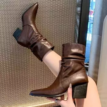 Ботильоны на высоком каблуке, сексуальные туфли с острым носком из кожи, тренд 2025 года, зимние дизайнерские новые модные панк-гладиаторы, массивные ботинки женские 35 чёрный