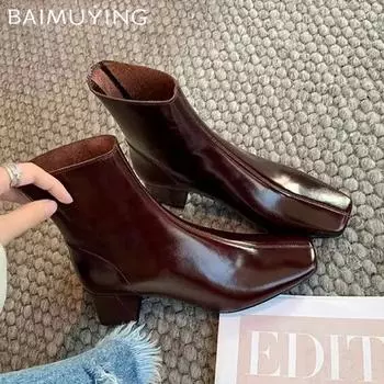 Ботильоны на высоком каблуке женские квадратные носки массивные кожаные туфли женские модные зимние ботинки челси готические гладиаторские ботинки женские 35