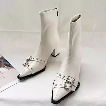 Ботильоны на высоком каблуке женские массивные туфли с острым носком из кожи женские зимние туфли-лодочки 2024 года готическая мода челси Botas Mujer 35 бежевый