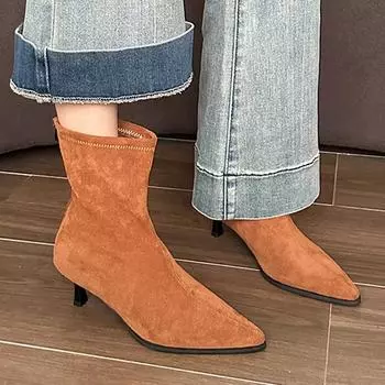 Ботильоны на высоком каблуке женские с острым носком челси замшевые зимние туфли плюшевые теплые зимние женские 2024 трендовые сексуальные туфли на шпильке Botas Mujer 35 коричневый