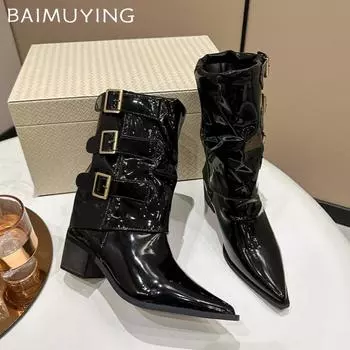 Ботильоны на высоком каблуке женские с острым носком кожаные ботинки челси массивная обувь женская модная зимняя готическая обувь для мотоциклистов женские ботинки 35
