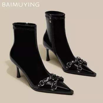 Ботильоны на высоком каблуке, женские, с острым носком, сексуальные, кожаные туфли, женские, 2025, трендовая мода, зимние туфли-челси, роскошные туфли-лодочки Botas Mujer 35 чёрный