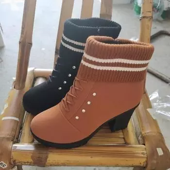 Ботильоны на высоком каблуке женские вязаные Cryatsl массивные туфли женские зимние новые трендовые готические челси снежные ботинки женские туфли 35