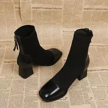 Ботильоны на высоком каблуке женские вязаные кожаные туфли модные зимние туфли с квадратным носком женские туфли-лодочки 2024 года челси Botas Mujer 35