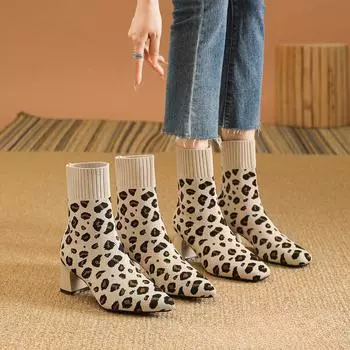 Ботильоны-носки для женщин с острым носком, на низком толстом блочном каблуке, эластичные ботильоны без застежек, женские удобные вязаные ботинки «Челси» с квадратным носком 34