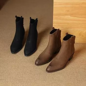 Ботильоны Qirui с толстым каблуком и острым носком, большого размера, с застежкой-молнией, ботильоны из овчины первого слоя в стиле ретро Short Plush Lining 34 чёрный