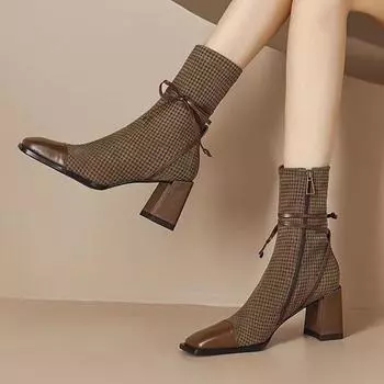 Ботильоны с бантом на высоком каблуке с квадратным носком, женская обувь, тренд, новая мода, элегантные ботинки челси на молнии, офисные туфли-лодочки Mujer Botas 35