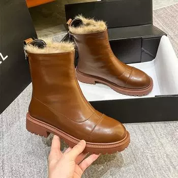 Ботильоны с флисовой подкладкой, утолщенные, с застежкой-молнией сзади, женские зимние ботинки на платформе, натуральная кожа, облегающие, повседневные, НОВИНКА 2024 г. 35 чёрный