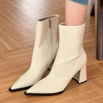 Ботильоны с острым носком для женщин, сексуальные туфли на высоком каблуке, кожаные модные зимние ботинки челси 2024 года, трендовые готические женские ботинки 35 чёрный