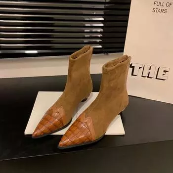 Ботильоны с острым носком для женщин, тонкие сапоги с плетением, осень-зима, низкий каблук 2025, новые узкие эластичные модные сапоги для женщин 35 чёрный