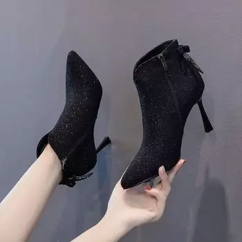 Ботильоны с острым носком, сексуальные короткие туфли для женщин, обувь на очень высоком каблуке, женские ботильоны на каблуке, черные, зима 2024, распродажа, сапоги 34