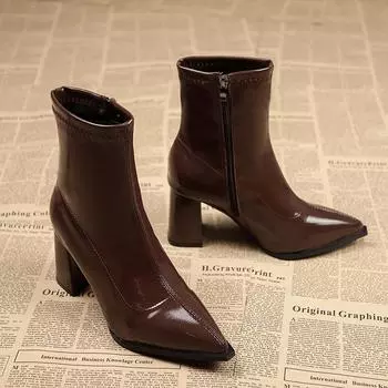 Ботильоны с острым носком, женские, на высоком каблуке, модные, зимние, плюшевые, теплые, 2024, тренд, большие размеры 41 42, ретро, сексуальные, зимние, женские ботинки 35 чёрный