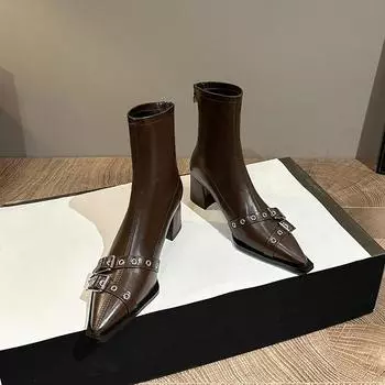 Ботильоны с острым носком, женские, новые, винтажные, с пряжкой на ремне, модные ботинки 35 чёрный