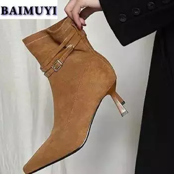 Ботильоны с острым носком, женские сексуальные туфли челси на высоком каблуке, женские зимние замшевые туфли на меху, тренд 2025, роскошные туфли-лодочки Bota Mujer 35 чёрный