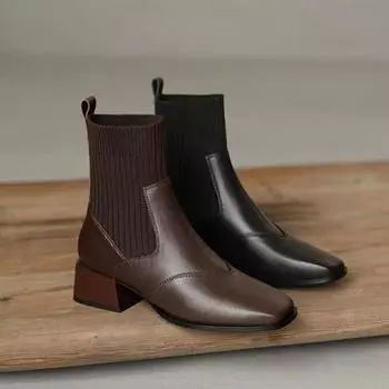 Ботильоны с острым носком, зимние женские, новые повседневные ботинки челси, женские, средний каблук, вязаные носки, женские, искусственная замша, каблуки 35 чёрный