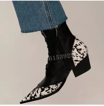 Ботильоны с принтом зебры, женские, черные, на низком каблуке, черные кожаные ботинки с острым носком, в стиле пэчворк, разноцветные, лаконичные, офисные женские туфли 35