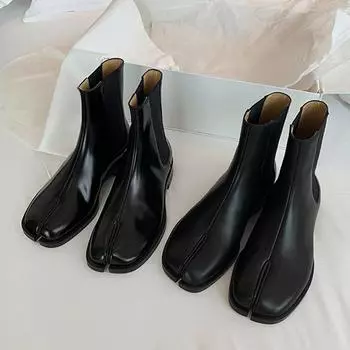 Ботильоны с разрезным носком в стиле ретро, женские, блестящие, матовые, кожаные туфли, Tabi Ninja, челси, низкие каблуки, зимние ботинки-троттер 35