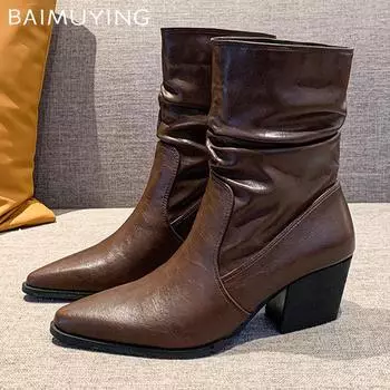 Ботильоны со складками, острый нос, толстый каблук средней высоты, зимняя женская обувь 2025 года, трендовые дизайнерские классические готические туфли-лодочки Chelsea Botas Mujer 35 чёрный