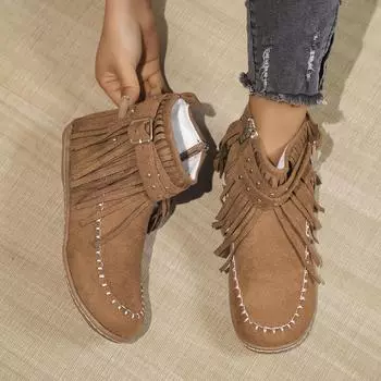 Ботильоны в стиле бохо с кисточками, женские, из искусственной замши в стиле ретро, с пряжкой на ремне, короткие женские ботинки больших размеров на плоском каблуке для женщин 36 хаки