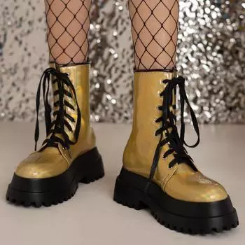 Ботильоны в стиле панк, женские, на платформе, с круглым носком, готические, золотые, короткие, армейские, на шнуровке, осенне-зимние, черные, синие, розовые, туфли для вечеринок, женские 44 чёрный
