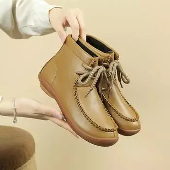 Ботильоны в стиле ретро однотонные женские повседневные туфли с круглым носком на шнуровке из мягкой кожи на мягкой подошве, удобные лодки с подошвой из коровьей кожи 36 чёрный