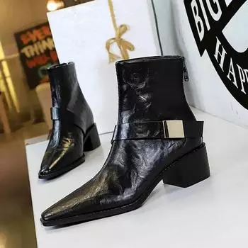 Ботильоны в стиле ретро с острым носком, женские, с металлической пряжкой на ремне, на среднем каблуке, рыцарские сапоги, зимняя теплая женская обувь 35