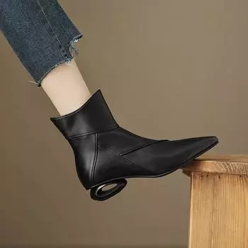 Ботильоны в стиле ретро с острым носком во французском стиле, женские, необычного стиля, на каблуках, с боковой молнией, из натуральной кожи, осень-зима, новые офисные туфли 35