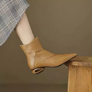 Ботильоны в стиле ретро с острым носком во французском стиле, женские туфли на каблуке, с боковой молнией, кожаные туфли, осень-зима, однотонные, темпераментные, короткие ботинки 34 коричневый