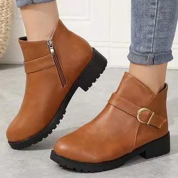 Ботильоны в стиле ретро с пряжкой и ремешком, женские коричневые ботинки из искусственной кожи на низком каблуке, осень 2024, женские короткие ботинки на платформе с боковой молнией Botas Mujer 36