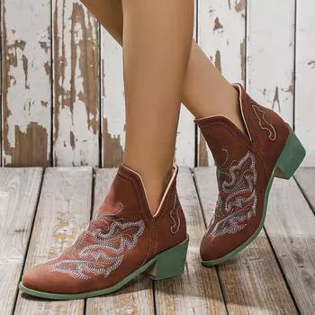 Ботильоны в стиле вестерн-ковбой, женские, осенне-зимние, повседневные, кожаные, короткие, ковбойские, остроносые, на толстом каблуке, большой размер 43 35 чёрный