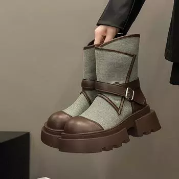 Ботильоны женские джинсовые 2024 осень ковбойские сапоги на толстом каблуке туфли на платформе с толстой подошвой женские элегантные короткие сапоги Morder 35 чёрный