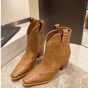 Ботильоны женские из искусственной кожи с острым носком сзади в стиле ретро на высоком каблуке женские ботинки в стиле вестерн модные короткие ботинки с заклепками D182 35