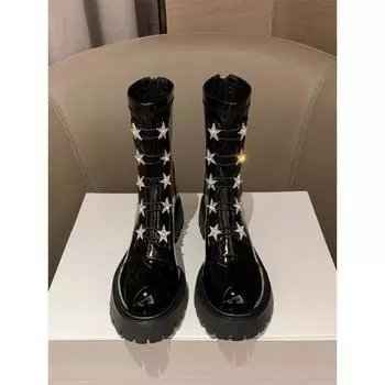 Ботильоны женские лакированные кожаные бархатные внутри со звездами и стразами дизайнерские туфли для женщин на молнии с толстой подошвой средней высоты современные ботинки 35 чёрный