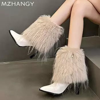 Ботильоны женские меховые кожаные с острым носком модные туфли на высоком каблуке 2025 года тренд элегантные туфли-лодочки готические зимние туфли челси Botas De Mujer 35 чёрный