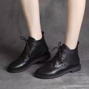 Ботильоны женские меховые полусапожки кожаные женские короткие туфли на плоской подошве черного цвета удобные и элегантные большие размеры теплая обувь новинка 35