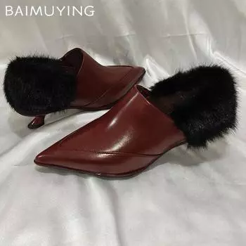 Ботильоны женские меховые с острым носком элегантные туфли на среднем каблуке кожаные туфли 2025 тренд зимняя мода туфли-лодочки дизайнерское платье Botas De Mujer 34 чёрный