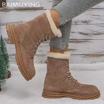 Ботильоны женские меховые зимние замшевые короткие плюшевые хлопковые туфли на среднем каблуке со шнуровкой 2025 года, теплые нескользящие зимние ботинки женские 35 коричневый
