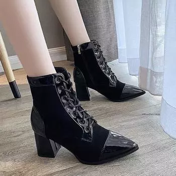 Ботильоны женские модные туфли с острым носком на высоком каблуке зимние ботильоны на шнуровке женские туфли на молнии черные розовые ботинки 35 чёрный