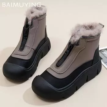 Ботильоны женские на меховой платформе на плоской подошве, модные кожаные туфли для женщин 2025 года, трендовые зимние дизайнерские удобные повседневные панк-ботинки для снега, женские 35 хаки