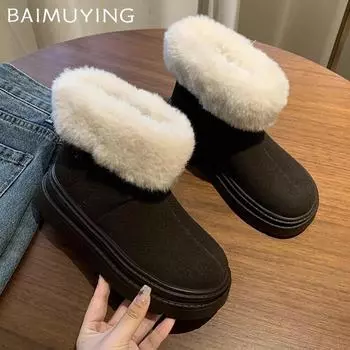 Ботильоны женские на меховой платформе, замшевые туфли на плоской подошве, женская обувь 2025 года, модный бренд, короткие, плюшевые, удобные, теплые, женские, зимние ботинки 35