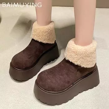 Ботильоны женские на меховой платформе, замшевые короткие, плюшевые, на среднем каблуке, хлопковые туфли, тренд 2025 года, теплая повседневная зимняя обувь, новые женские ботинки 35 чёрный