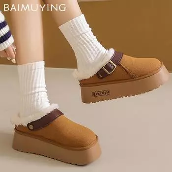 Ботильоны женские на меховой платформе, замшевые короткие плюшевые туфли на плоской подошве, хлопковая обувь, тренд 2025 года, теплые зимние тапочки, уютные домашние женские туфли Zapatos 35