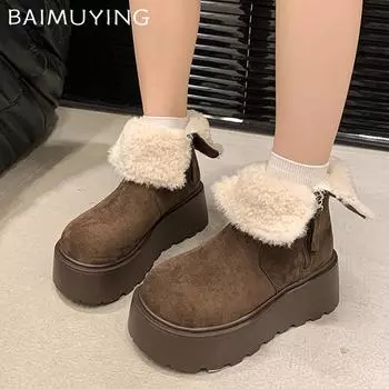 Ботильоны женские на меховой платформе, замшевые короткие, плюшевые, на среднем каблуке, хлопковые туфли, тренд 2025 года, теплые, удобные, на молнии, зимние ботинки для женщин 35 чёрный