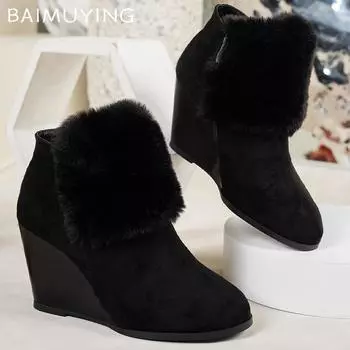 Ботильоны женские на меховой танкетке из замши с острым носком, дизайнерские туфли на высоком каблуке, тренд 2025 года, новый бренд, гладиаторские зимние ботинки для женщин 35 чёрный